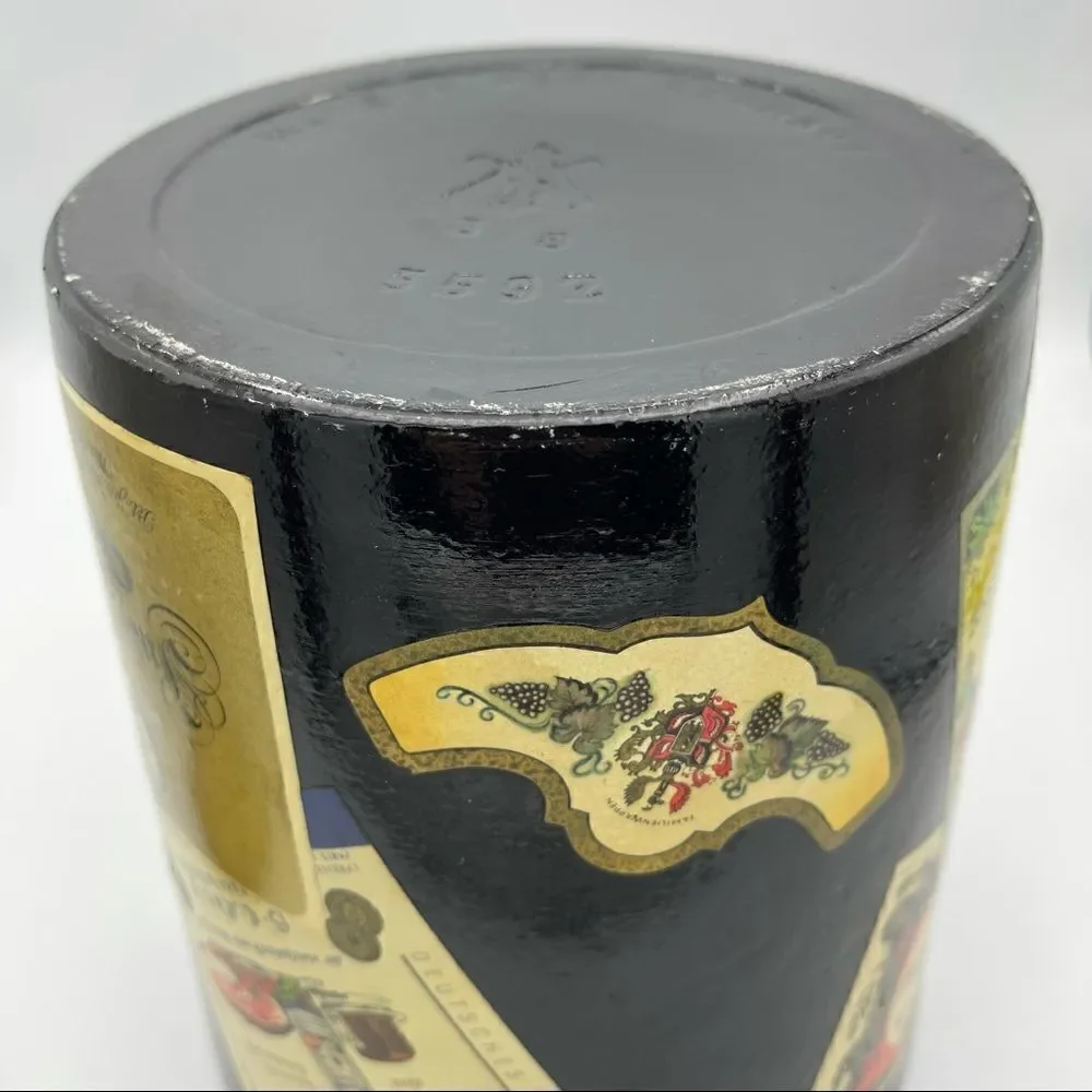MidCentury W German Alcohol Label Decoupage Enameled Champagne Bucket & Coasters